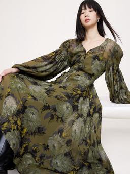 Georgette Puff-Sleeve Maxi Dress