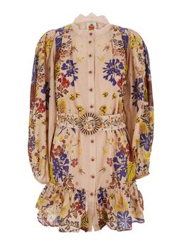 'beauty Bouquet' Multicolor Mini Dress With Lace Collar And All-over Floral Print In Cotton Woman