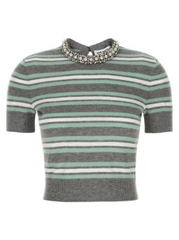 self-portrait grey Striped Crystal Trim Knit Sweater