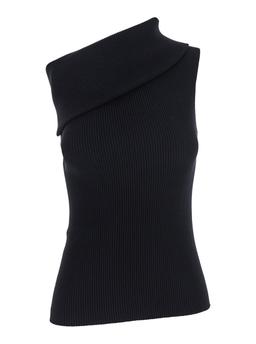 Rick Owens athena Black Ribbed Knit Asymmetric Top With Wide Neckline In Cotton Knit Woman