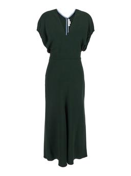Victoria Beckham Green Midi Dress With Ruched Sleeves And V Neck In Viscose Blend Stretch Woman