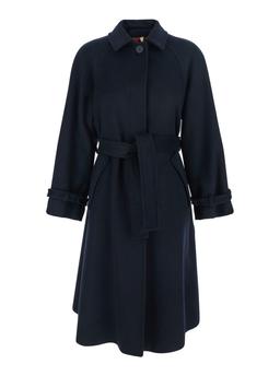 Merci Blue Coat With Classic Collar And Front Belt In Fabric Woman