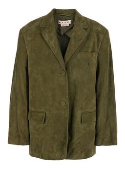 Marni Green Single-breasted Jacket With Notched Revers And Logo Patch On The Rear In Suede Woman