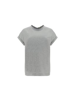 Brunello Cucinelli Short-sleeved T-shirt In Elasticized Stretch Cotton With A Crew Neck Edged With Jewels