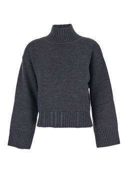 Fabiana Filippi Grey Turtleneck Sweater With Beaded Embroidery On The Waist And Dropped Shoulders In Wool Woman