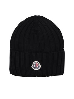 Moncler Black Wool Beanie With Logo Patch