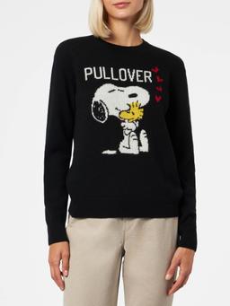 MC2 Saint Barth Woman Crewneck Black Sweater With Snoopy And Woodstock Print Snoopy Peanuts Special Edition