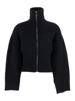 The Attico Black Cardigan With Raised Collar And Knitting In Wool And Cashmere Blend Woman