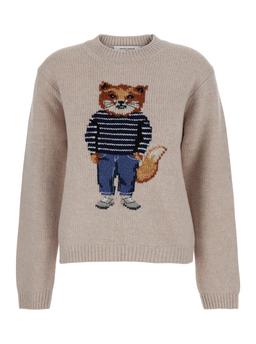 Maison Kitsuné Beige Crew Neck Sweater With Ribbed Design And Front Embroidery In Wool Woman