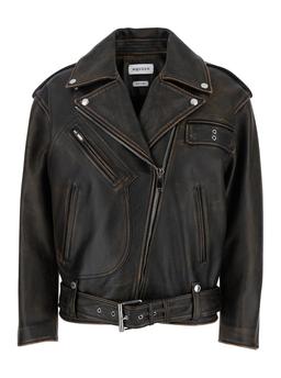 Alexander McQueen Antiqued Brown Biker Jacket With Wide Classic Lapels And Decentralized Zip Closure In Leather Woman