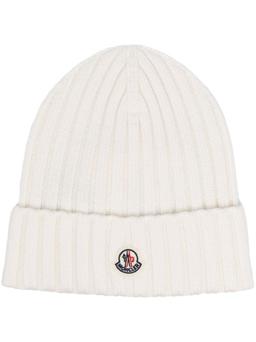 Moncler White Wool Beanie With Logo Patch