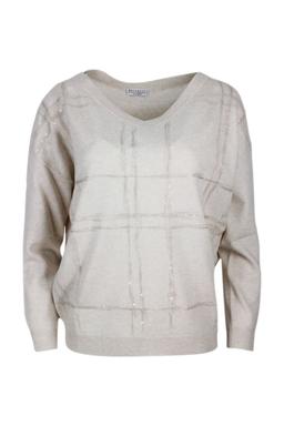 Brunello Cucinelli V-neck Long-sleeved Oversized Sweater With Window Motif Embellished With Micro-sequins