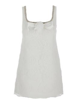self-portrait White Mini Dress With Square Neck And Bow Detail On The Front In Tech Fabric Woman