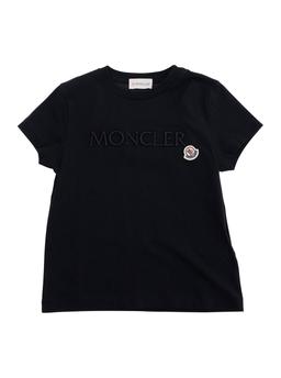 Moncler Black Crewneck T-shirt With Logo Lettering Embroidery On The Front And Logo Patch On The Front In Cotton Girl