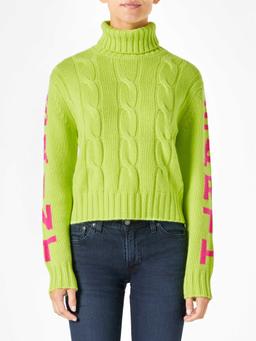 MC2 Saint Barth Woman Fluo Yellow Turtleneck Braided Sweater