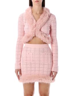 Self-portrait Pink Knit Cropped Cardigan With Faux Fur Collar