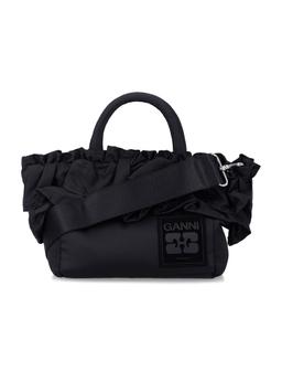 Ganni Black Nylon Ruffled Top Handle Bag