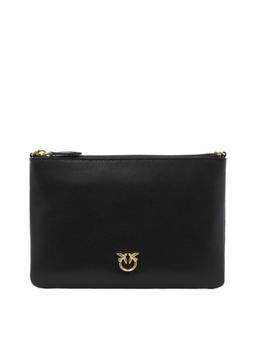 Pinko flat Love Bag Black Shoulder Bag With Logo Patch In Smooth Leather Woman