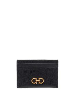 Ferragamo Black Card-holder With Gancini Detail In Hammered Leather Woman