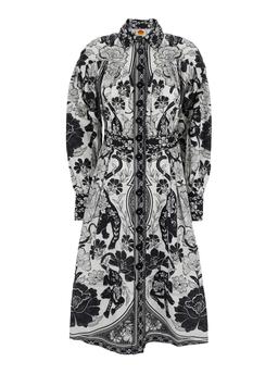 Farm Rio Black And White Long Dress With High Neck And All-over Floral Print In Cotton Woman