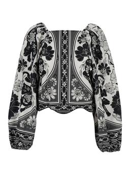 Farm Rio flower Leopard Black And White Blouse With Boat Neckline And All-over Floral Print In Cotton Woman