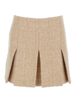 TwinSet Beige Miniskirt With Pleated Details On The Front And Logo Plaque On The Rear In Tech Fabric Woman