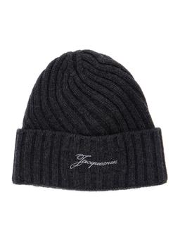 Jacquemus le Bonnet Tourni Grey Beanie With Turn-up Brim And Logo Lettering On The Front In Wool Man