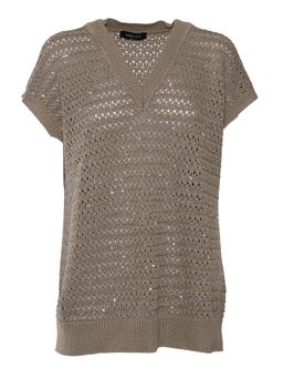 Fabiana Filippi Sequin Striped Crochet V Neck Cape Sleeve Sweater