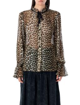 Ganni Leopard Print Chiffon Tie String Shirt