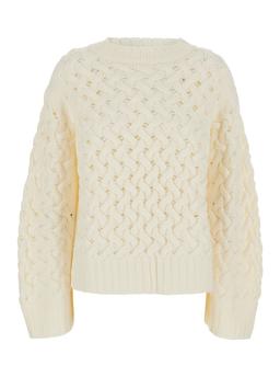 Parosh White Crewneck Sweater With Ribbed Trims And Braided Design In Wool Woman