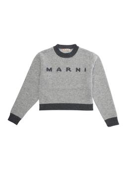 Marni Grey Crewneck Sweater With Logo Lettering On The Front And Contrasting Trims In Wool And Cashmere Girl
