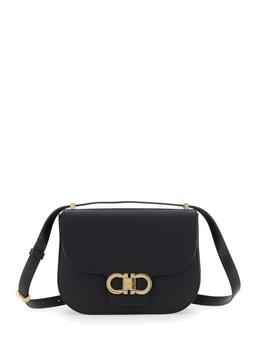 Ferragamo Black Crossbody Bag With Double Gancini Plaque On The Front In Grained Leather Woman