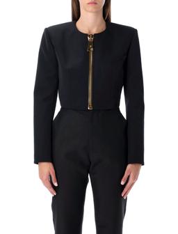 Balmain Cropped Black Wool Jacket With Gold Zip