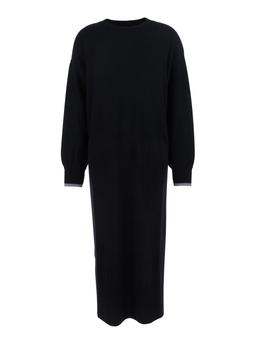 Pinko puerto Rico Black Crewneck Dress With Side Single Slit And Contrasting Cuffs In Wool Woman