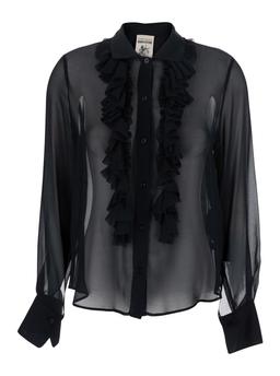 SEMICOUTURE Black Blouse With Classic Collar And Ruched Detail On The Front In Silk Blend Woman