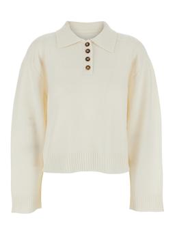 Loulou Studio White Polo Shirt Style Sweater With Classic Collar And Ribbed Trims In Cashmere Woman