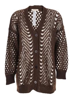 TwinSet Brown V-neck Cardigan With Open Knit Design In Mohair And Wool Blend Woman