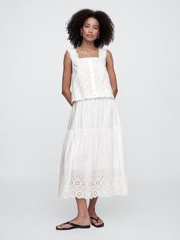 Tiered Eyelet Midi Skirt