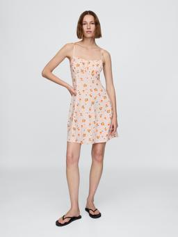 Linen-Blend Shirred Bodice Mini Dress