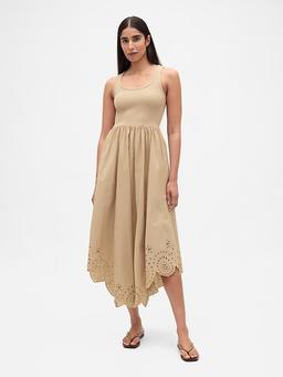 Mixed Media Handkerchief Hem Midi Dress