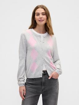 CashSoft Argyle Crewneck Cardigan