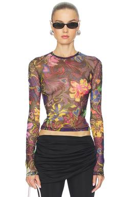 Hotfix Printed Tulle Long Sleeve Top