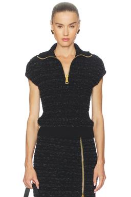 Zipped Short Sleeve Tweed Top