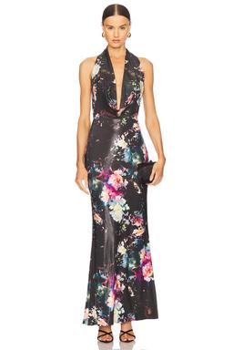 Floral Jersey Deep Cowl Neck Gown