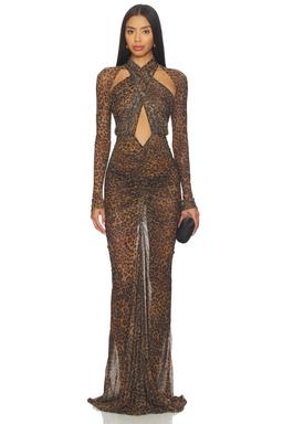 Printed Mesh Halter Ruched Gown