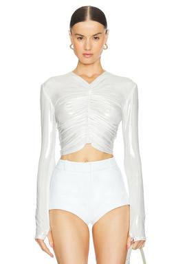 Long Sleeve V Neck Shirred Front Top