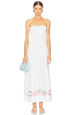 Shirred Embroidered Drop Hem Maxi Dress