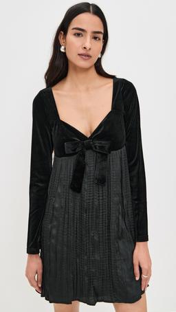 Velvet Bow Detail Fabric Mix Mini Dress