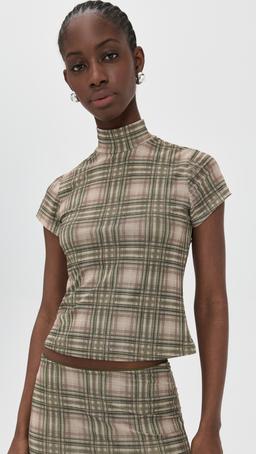 Plaid Mesh High Neck Top