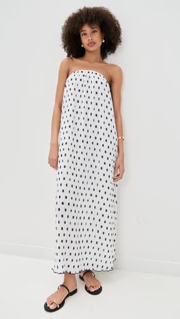 Strapless Pleated Polka Dot Maxi Dress